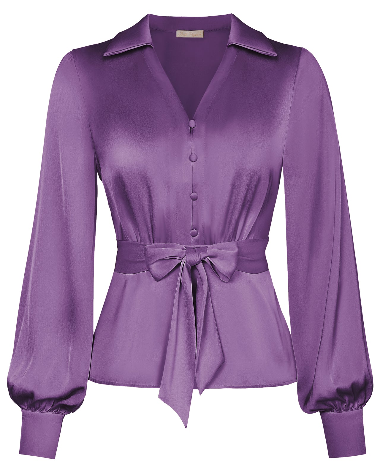 belle poque Vintage Elastic Waist Blouse Long Sleeve Lapel V-Neck Pullover Tops Purple