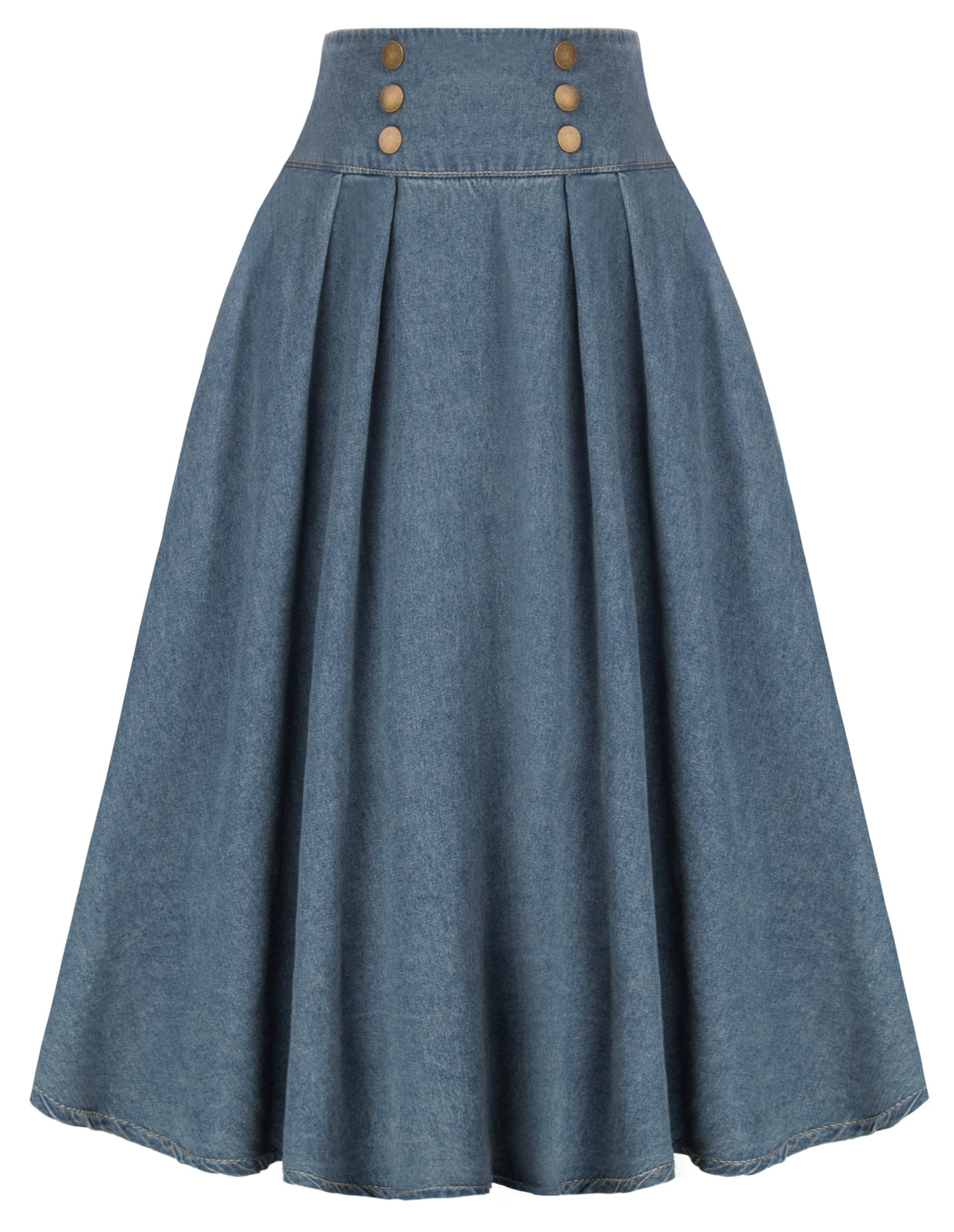 belle poque Swing Jean Skirt Elastic High Waist Buttons Decorated Skirt Lighe Blue