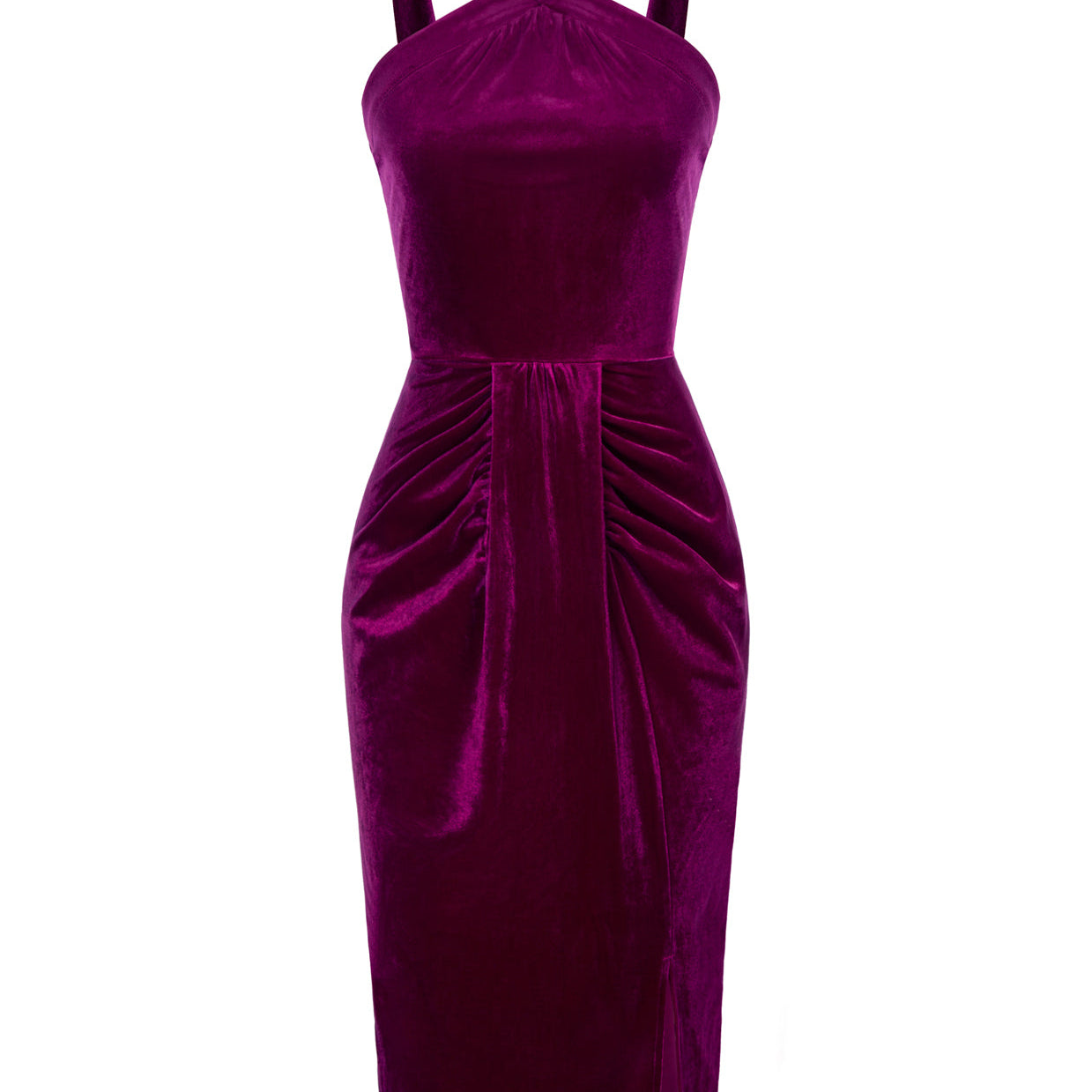 belle poque Vintage Front Slit Velvet Dress Halterneck Ruched Bodycon Dress Purple