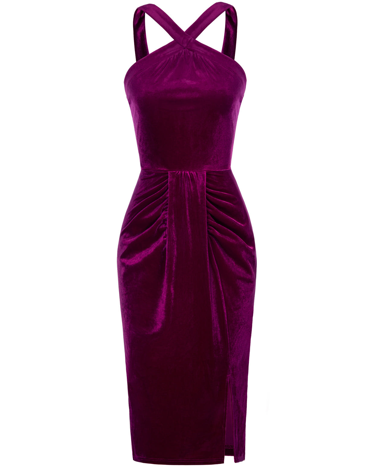 belle poque Vintage Front Slit Velvet Dress Halterneck Ruched Bodycon Dress Purple