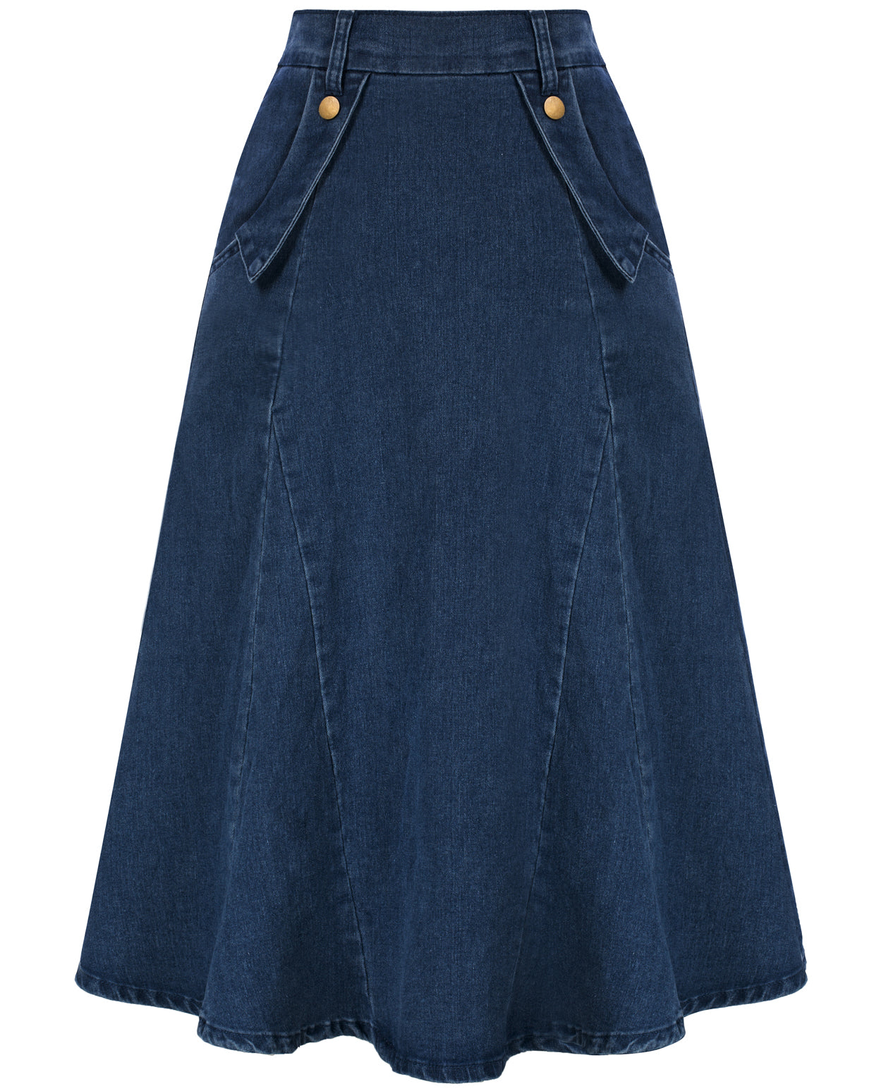 belle poque Denim Skirts Knee Length Vintage Elastic High Waist A-Line Midi Jean Skirts with Pockets Dark Blue