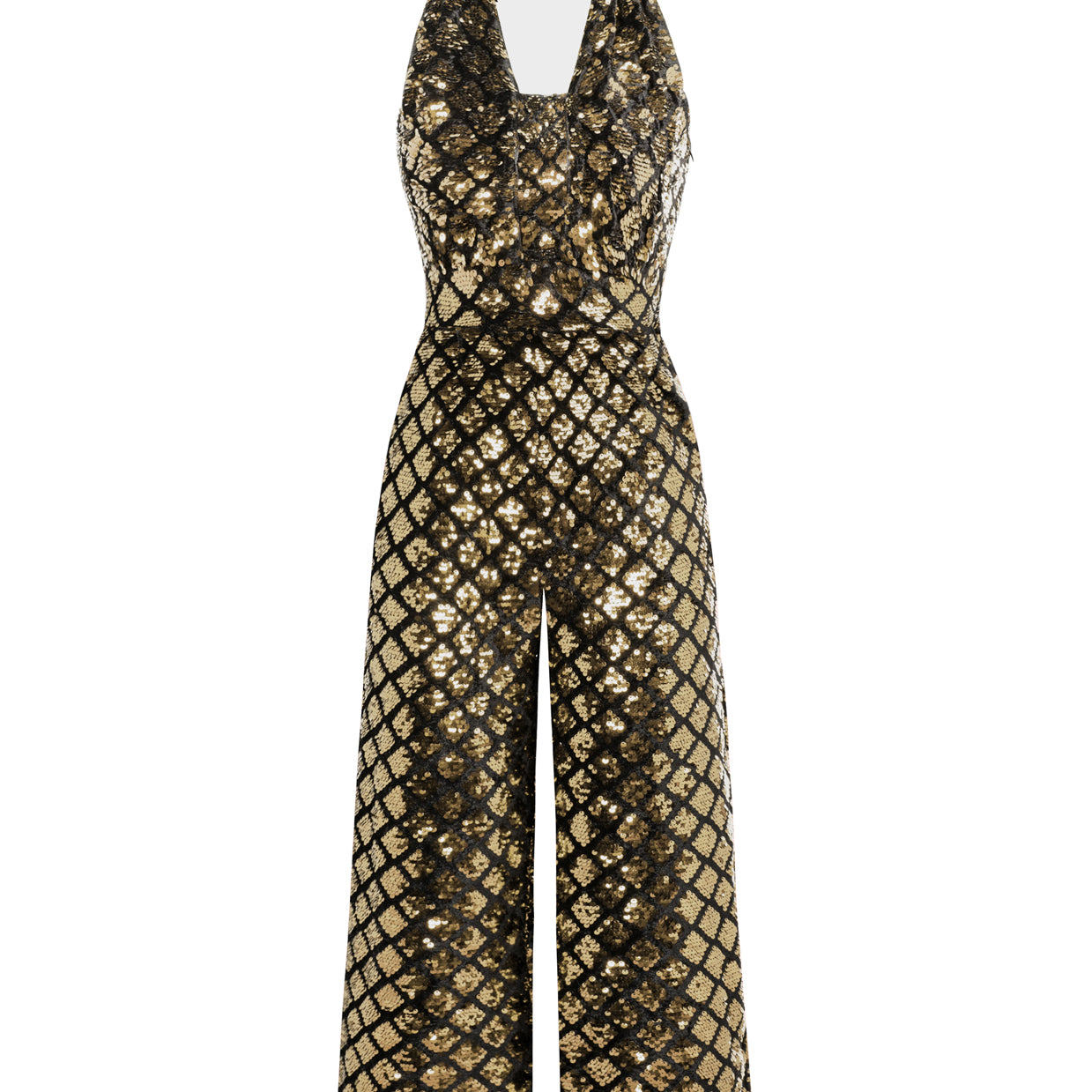 belle poque Sequined Jumpsuit Defined Waist Backless Halterneck Jumpsuit Gold