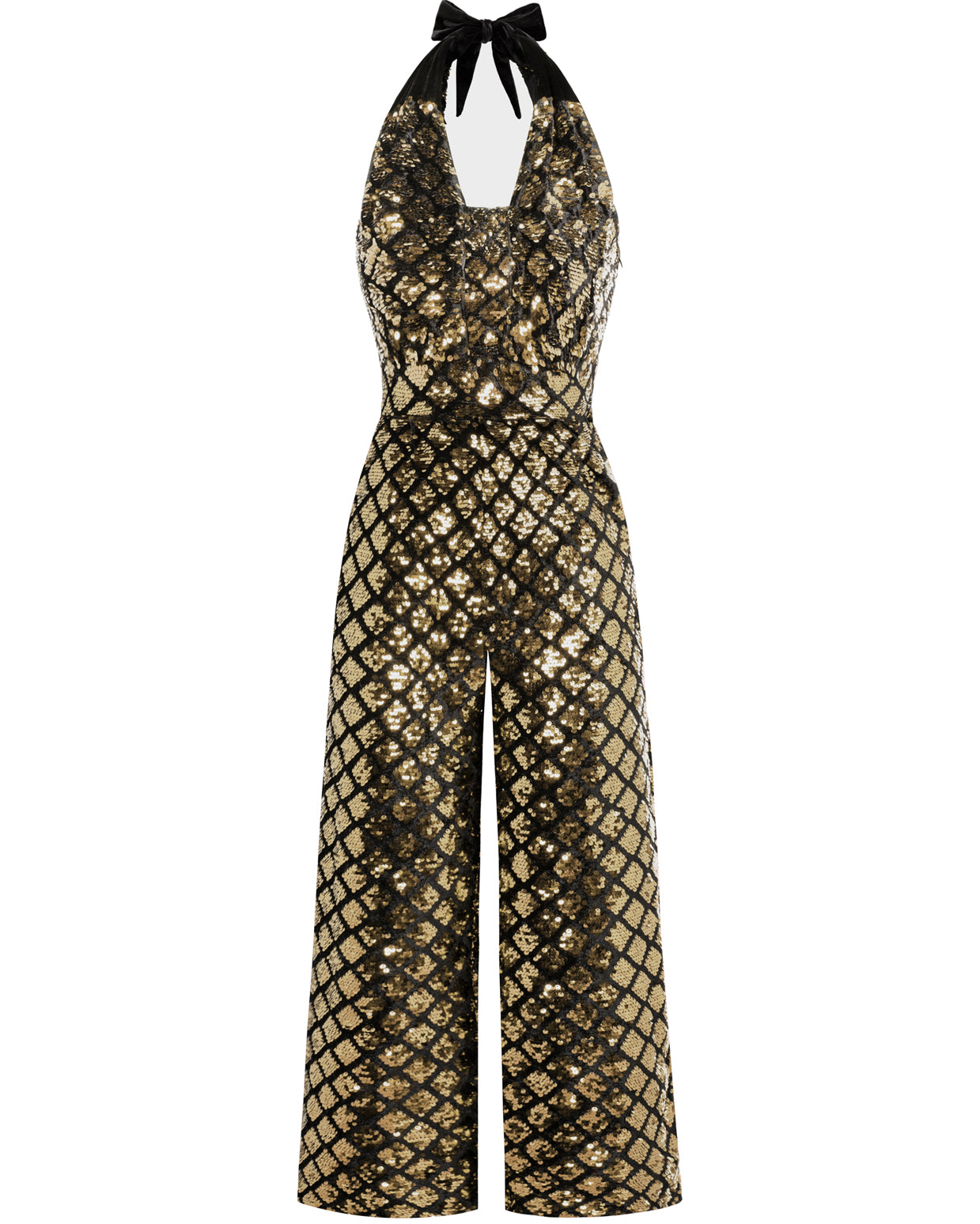 belle poque Sequined Jumpsuit Defined Waist Backless Halterneck Jumpsuit Gold