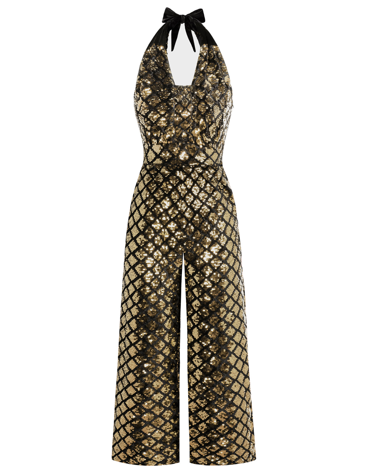 belle poque Sequined Jumpsuit Defined Waist Backless Halterneck Jumpsuit Gold