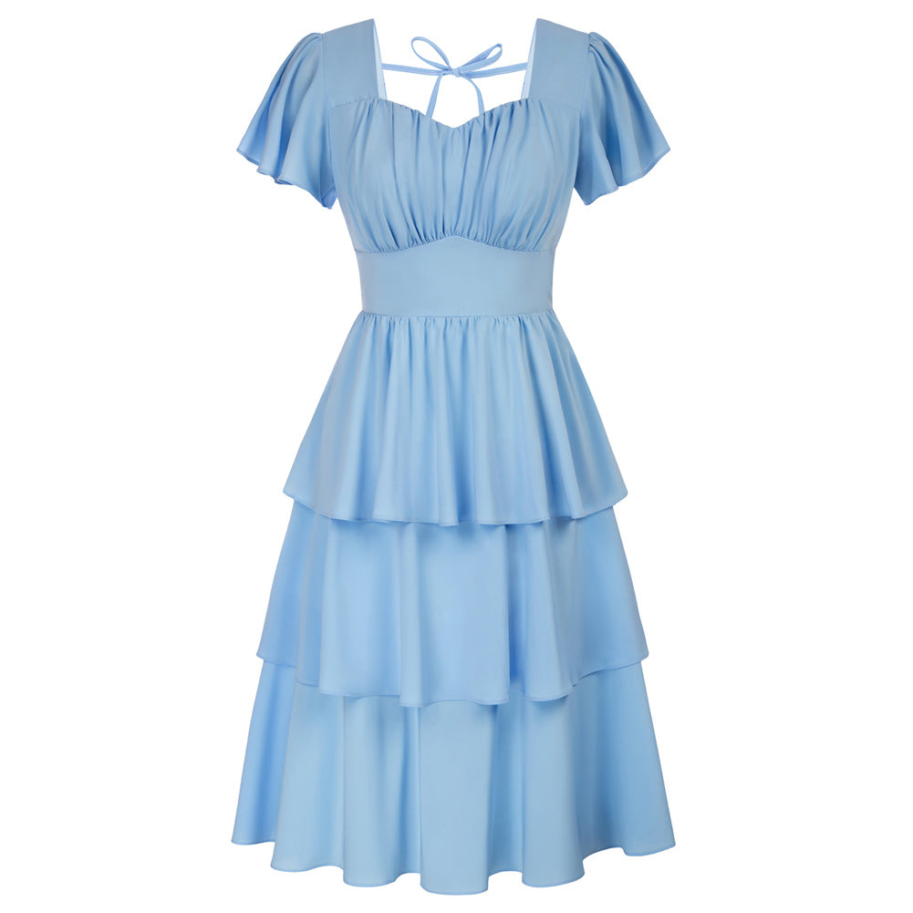 belle poque Vintage Dress 2026 Summer Layered Tiered Ruffle Swing Midi Dress Blue