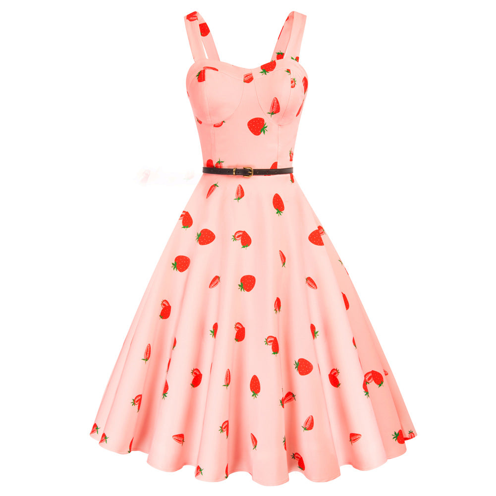 belle poque Fruit Printed Sweetheart Neck Flared 1950s Sleeveless A-Line Dress with Belt Pink