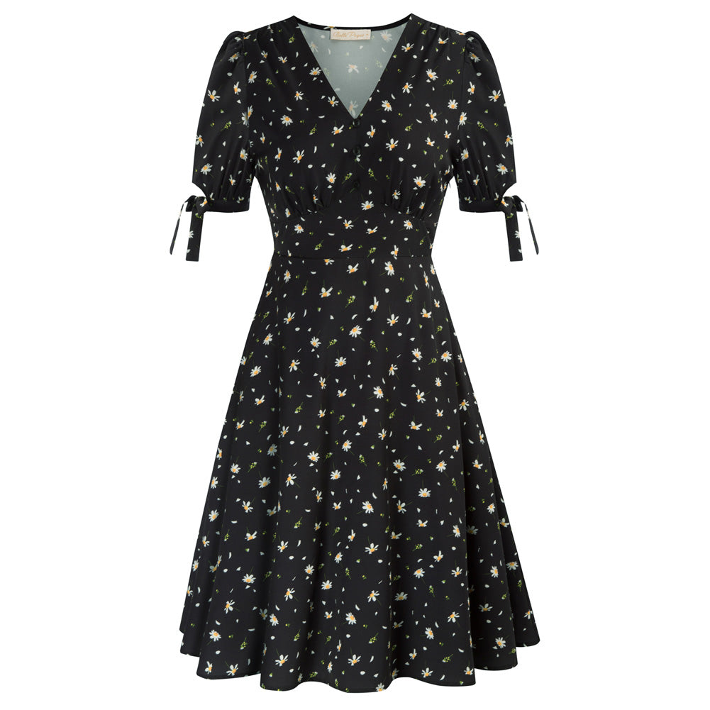 belle poque Strawberry Printed Defined Waist Dress Short Sleeve V-Neck Flared A-Line Dress