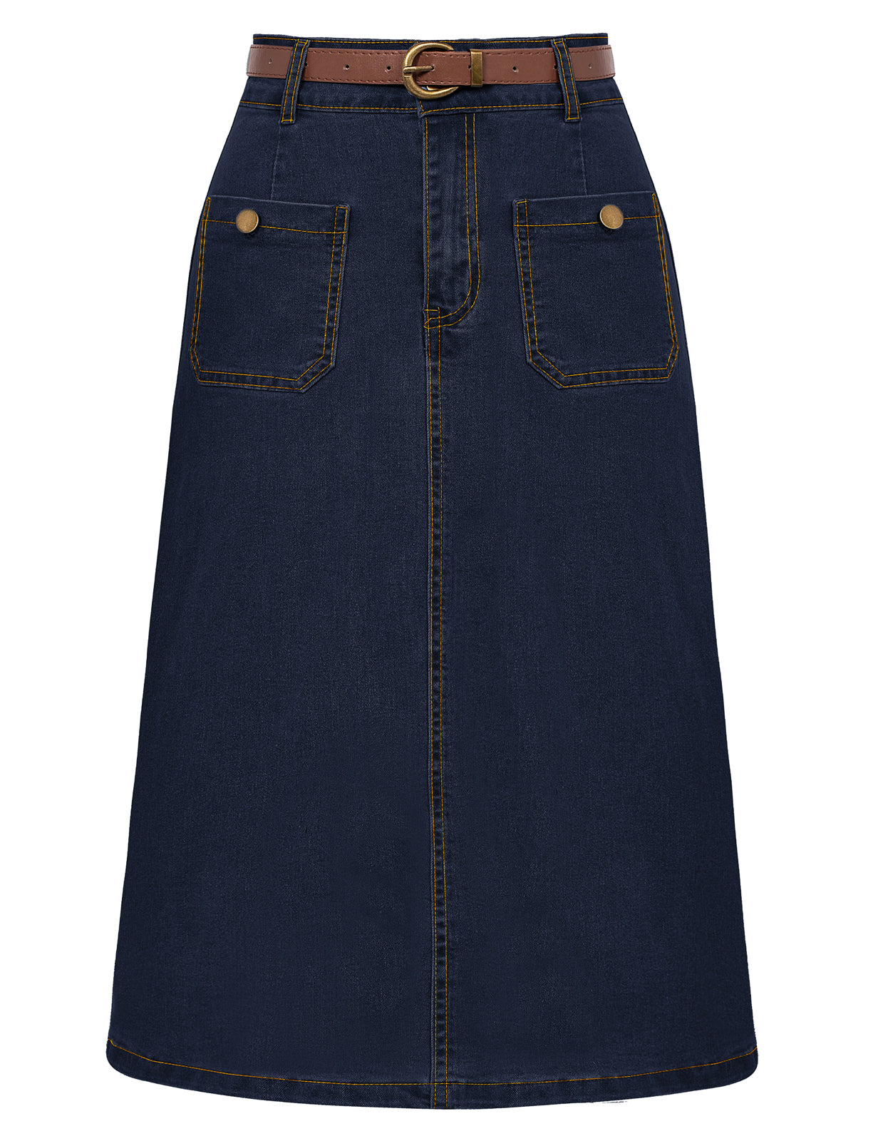 belle poque Denim Skirt with Belt Knee Length High Waisted Jean Skirts for Women Dark Blue