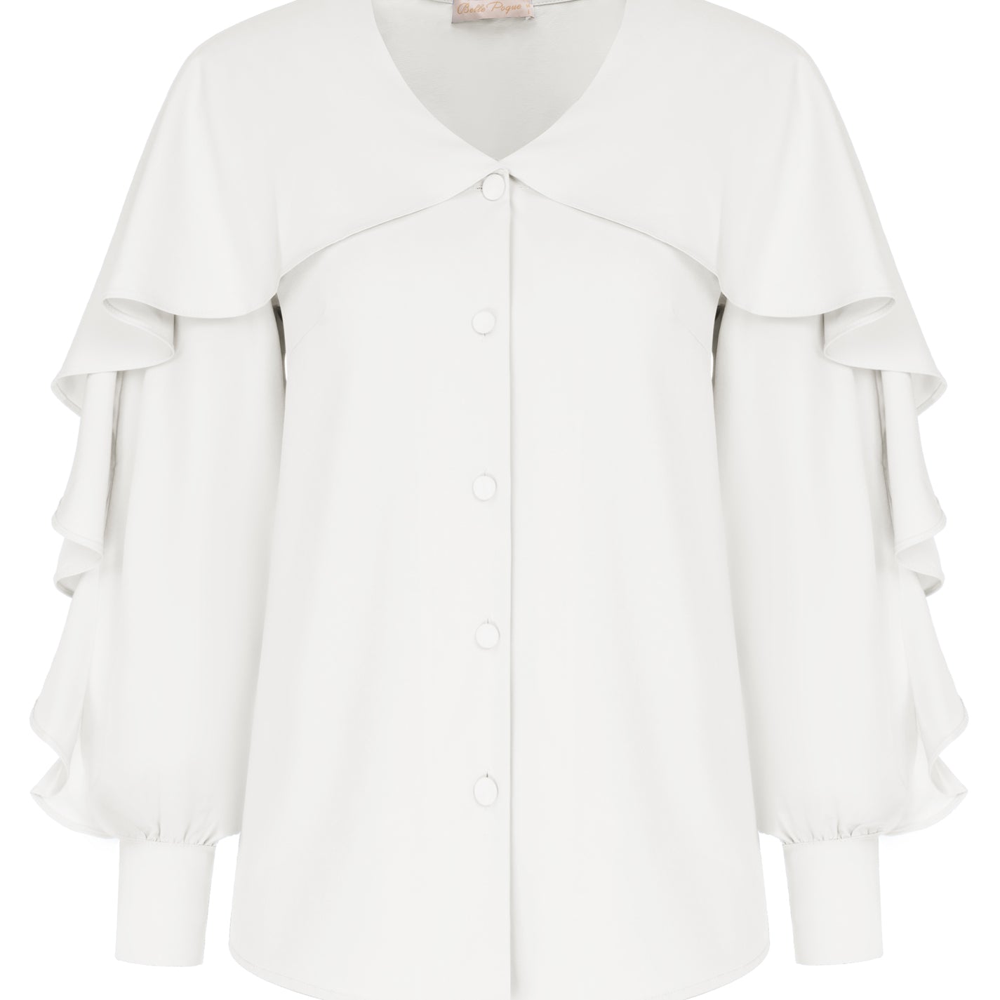 belle poque Seckill Offer⌛Ruffle Decorated Shirt Long Sleeve V-Neck Button-up Tops White
