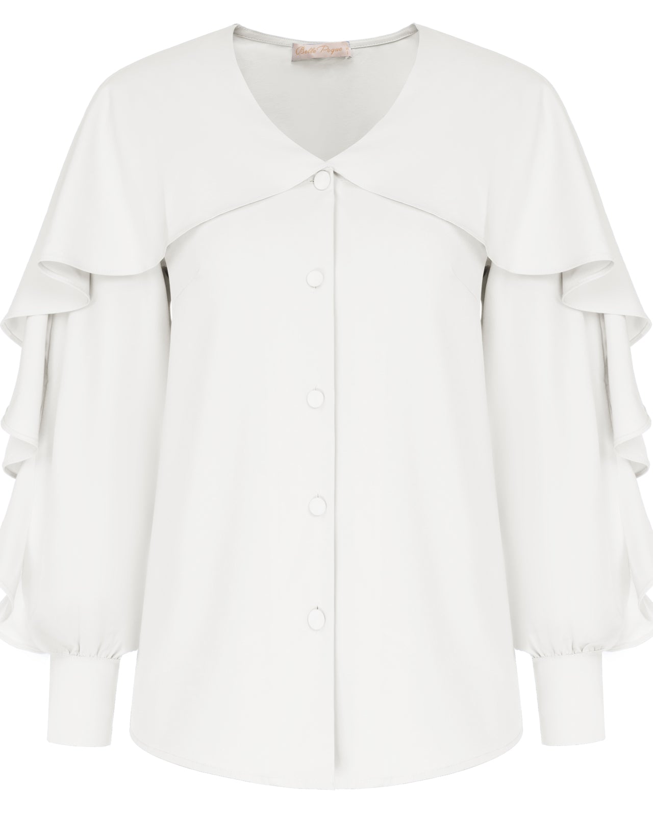 belle poque Seckill Offer⌛Ruffle Decorated Shirt Long Sleeve V-Neck Button-up Tops White