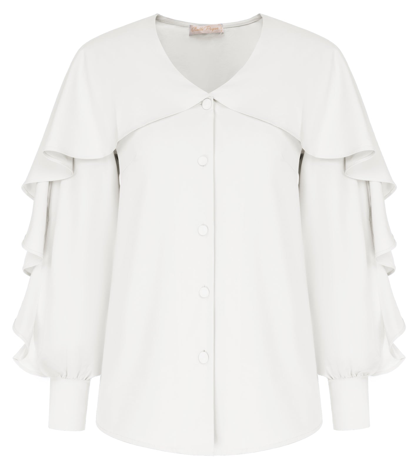 belle poque Seckill Offer⌛Ruffle Decorated Shirt Long Sleeve V-Neck Button-up Tops White
