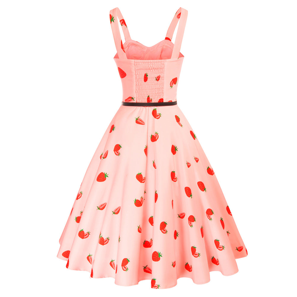 belle poque Fruit Printed Sweetheart Neck Flared 1950s Sleeveless A-Line Dress with Belt