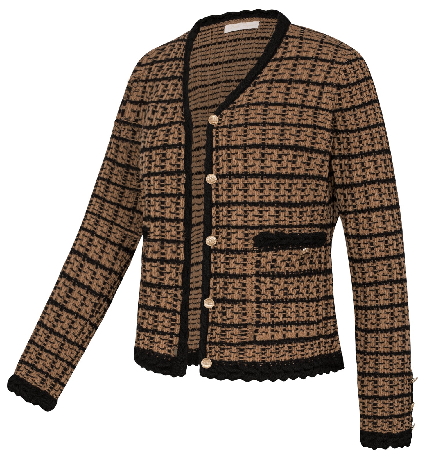 belle poque Contrast Color Cardigan Long Sleeve V-Neck Cable Knitted Sweater