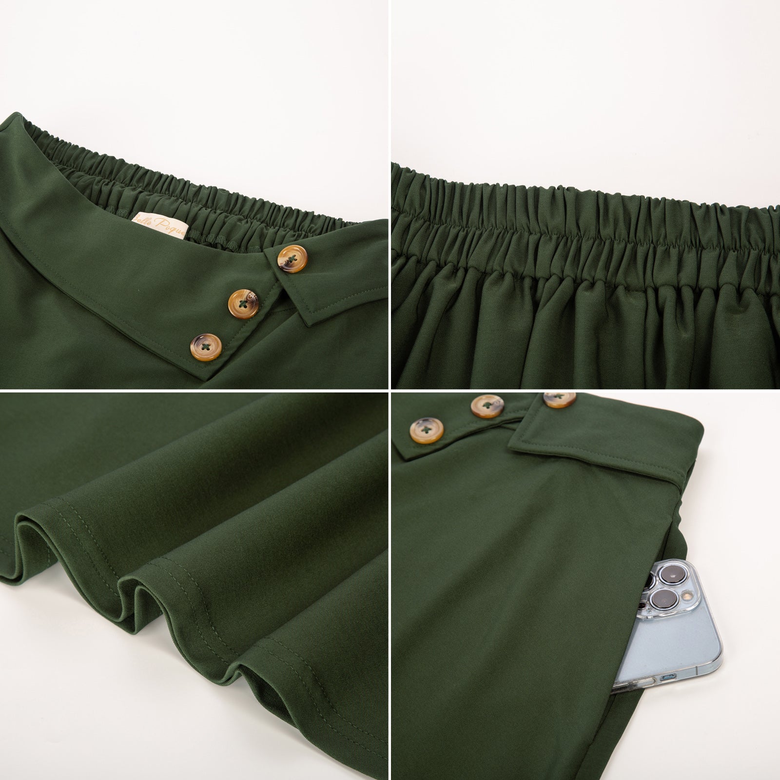 belle poque Vintage A-Line Skirt High Waisted Midi Skirt with Pockets & Buttons