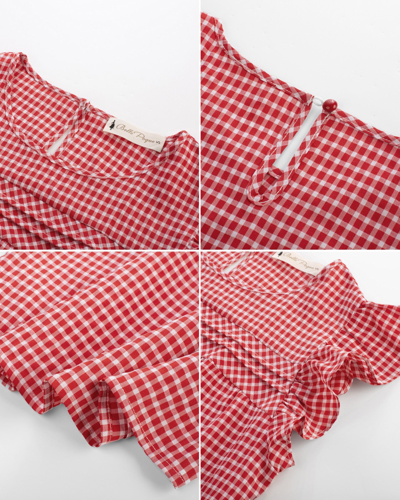 belle poque BP Women Vintage Plaided Tops Flutter Sleeve Crew Neck Keyhole Back Tops