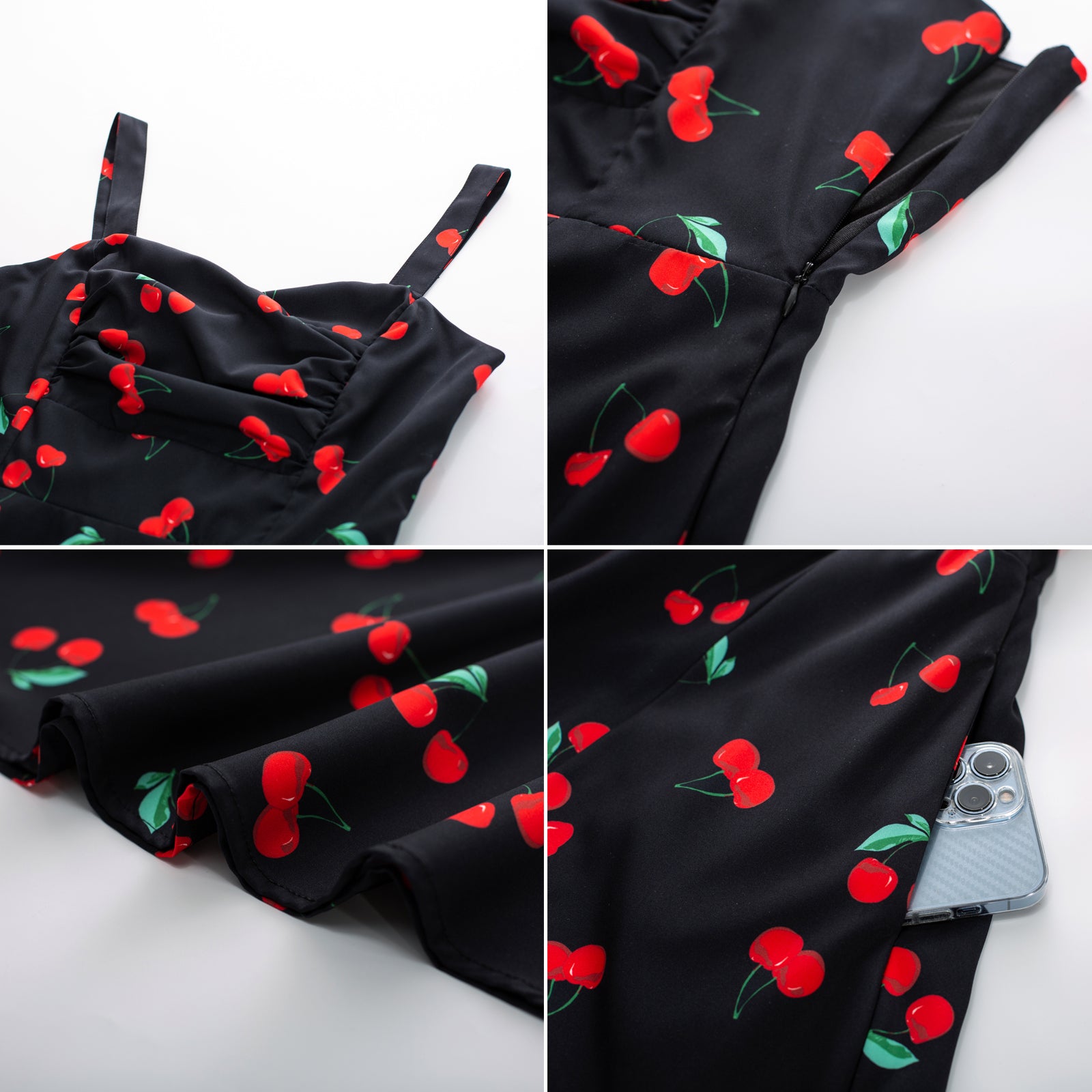 belle poque Vintage Strawberry Patterns Cocktail Dress Sleeveless Spaghetti Strap Ruched Slit A Line Swing Dress with Pockets