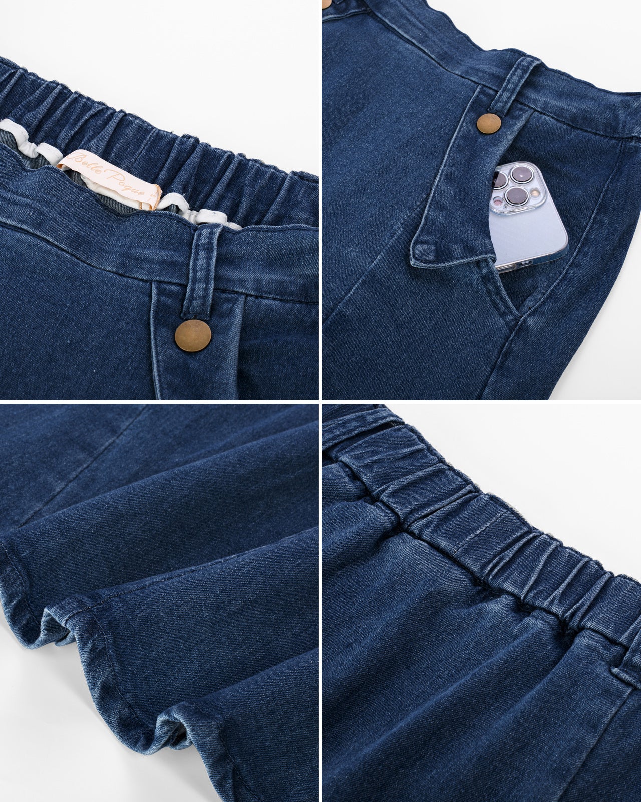 belle poque Denim Skirts Knee Length Vintage Elastic High Waist A-Line Midi Jean Skirts with Pockets