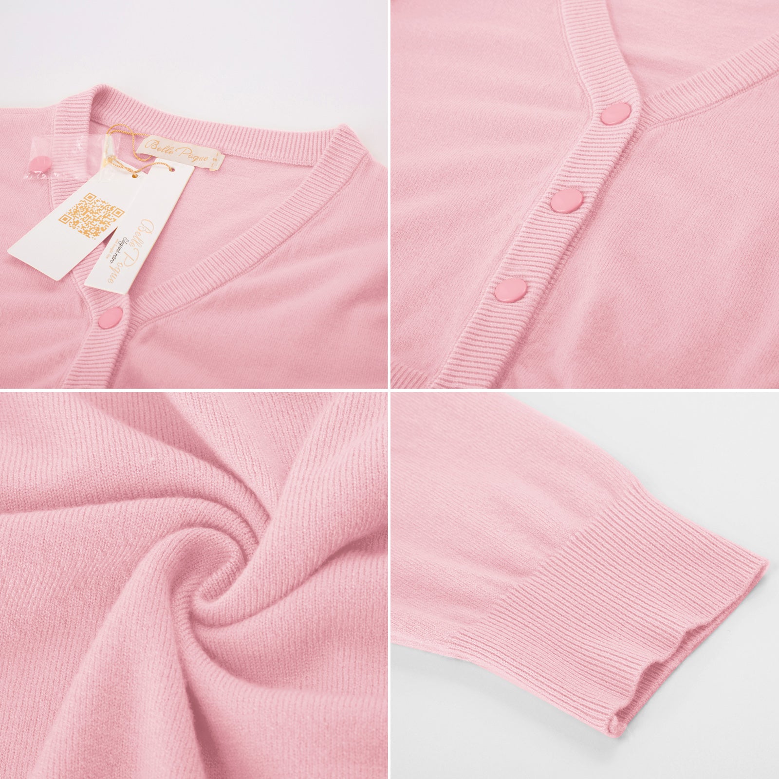 belle poque Cropped Cardigan 3/4 Sleeve V-Neck Button-up Sweater Knitwear