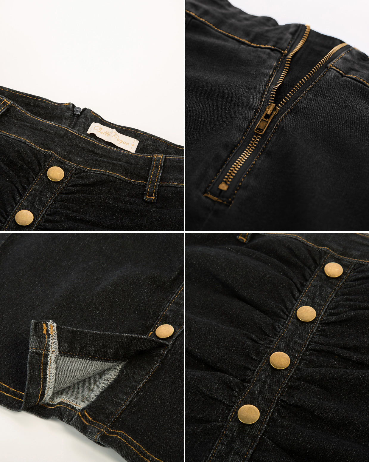 belle poque Vintage Jean Skirt with Belt High Waist Ruched Front Bodycon Skirt