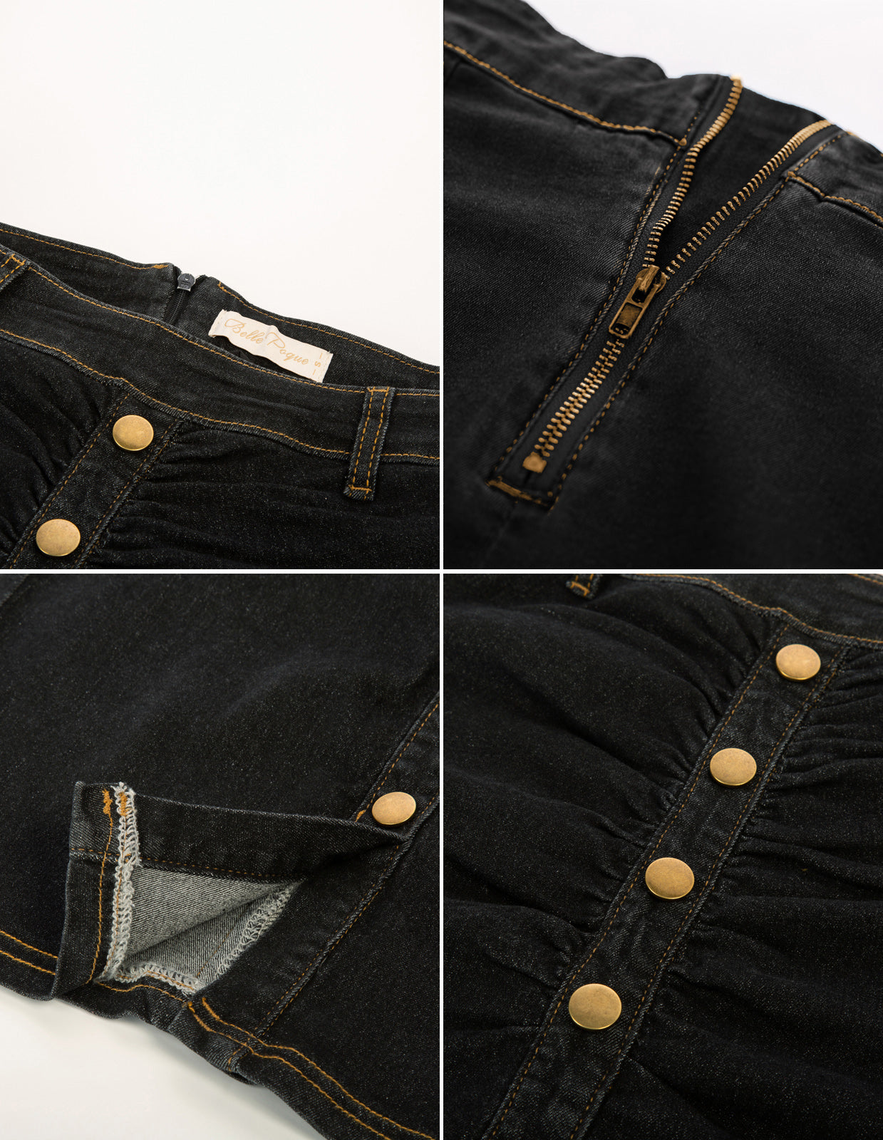 belle poque Vintage Jean Skirt with Belt High Waist Ruched Front Bodycon Skirt