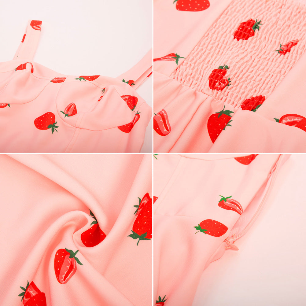 belle poque Fruit Printed Sweetheart Neck Flared 1950s Sleeveless A-Line Dress with Belt