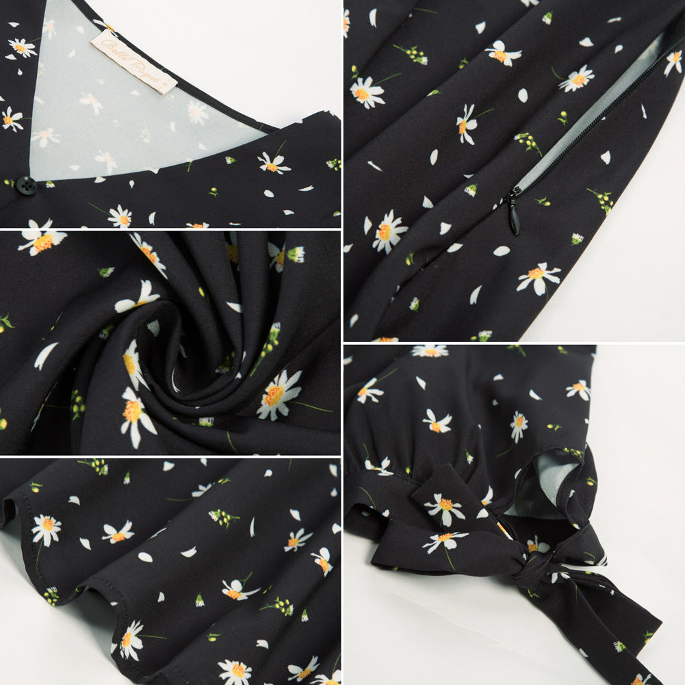 belle poque Strawberry Printed Defined Waist Dress Short Sleeve V-Neck Flared A-Line Dress