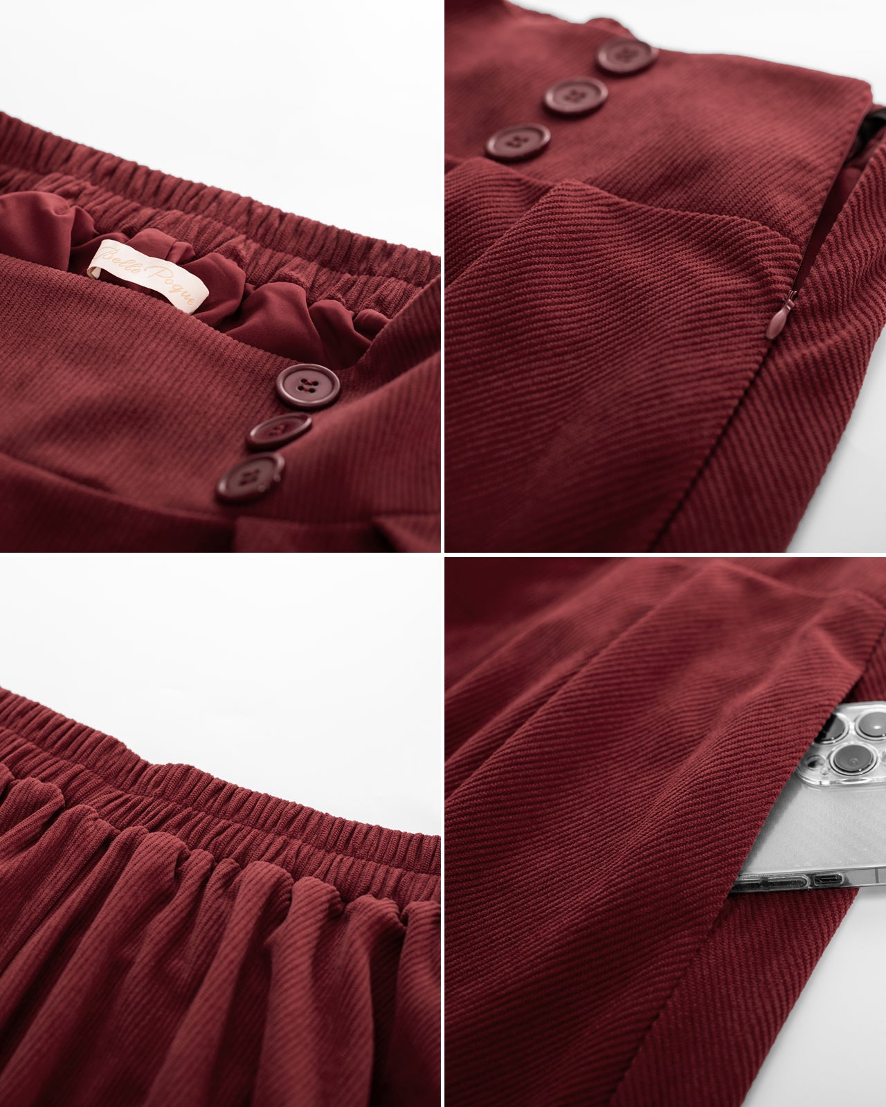 belle poque Vintage Corduroy Skirt Elastic High Waist Buttons Decorated Swing Skirt with Pockets