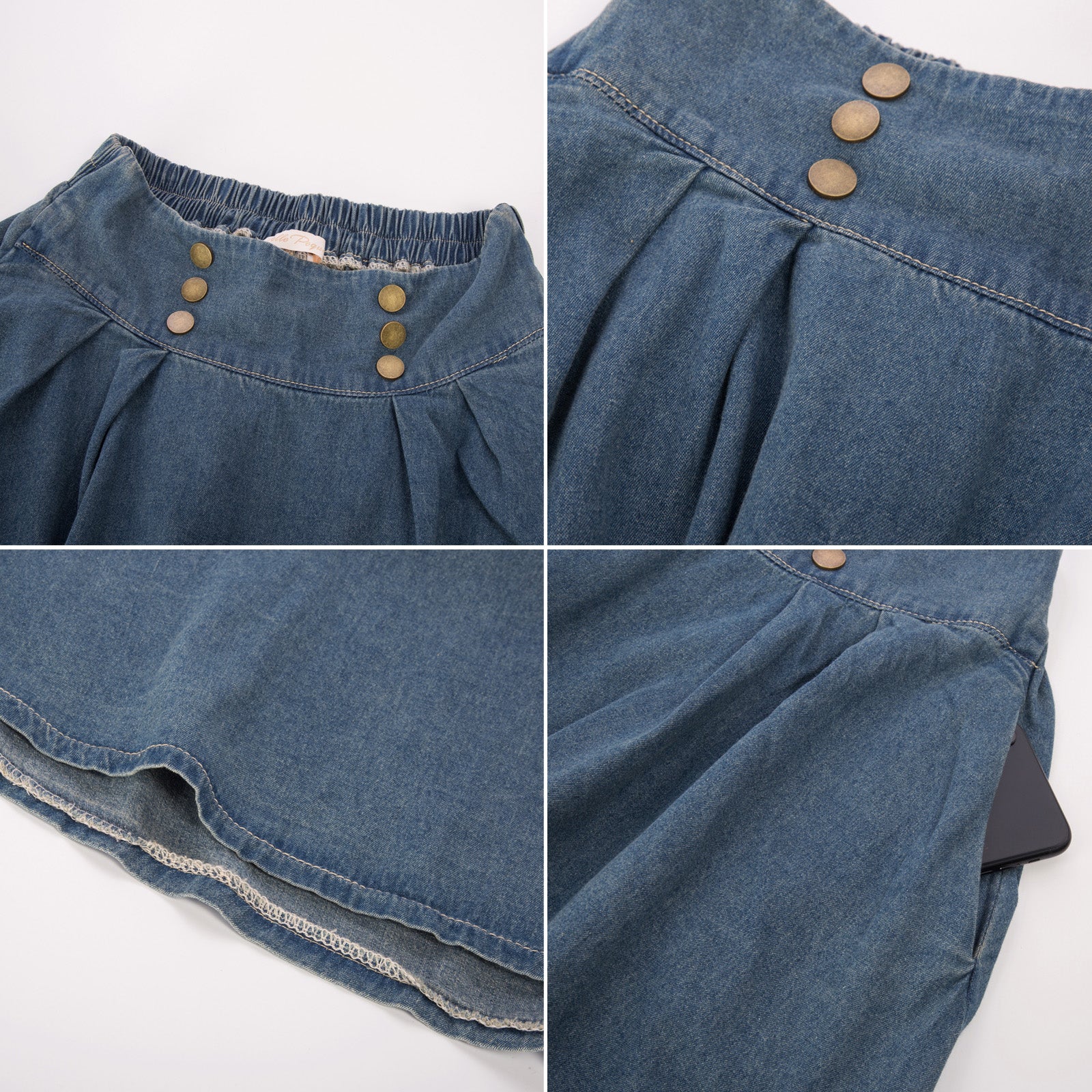 belle poque Swing Jean Skirt Elastic High Waist Buttons Decorated Skirt