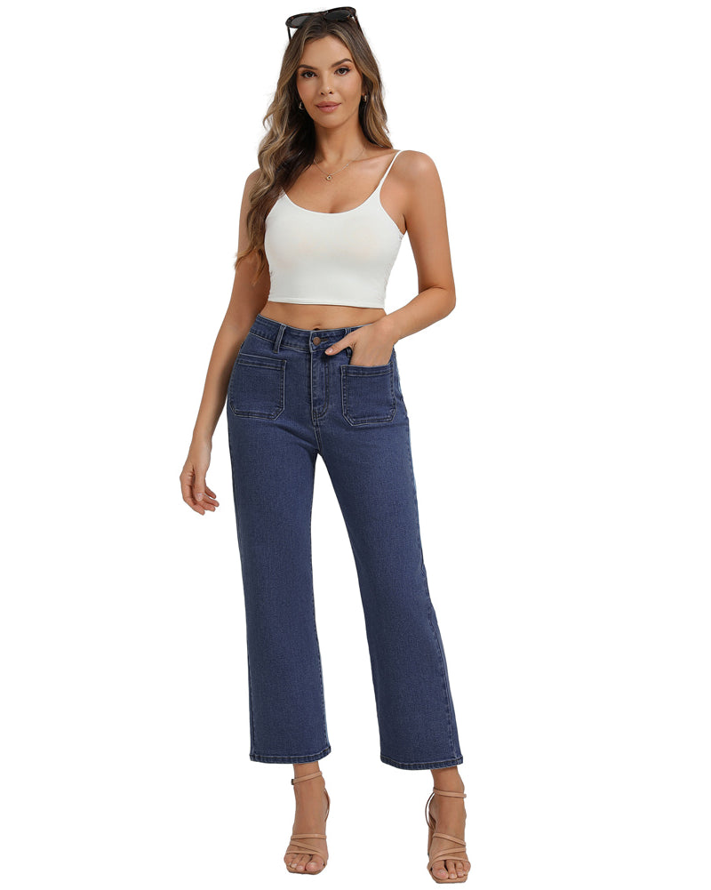 belle poque Women's Straight Leg Jeans Mid Rise Wide Leg Denim Pants with Pockets