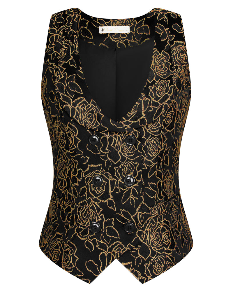 belle poque Vintage Floral Printed Double Breasted Vest Deep V-Neck Handkerchief Hem Vest Coat Yellow
