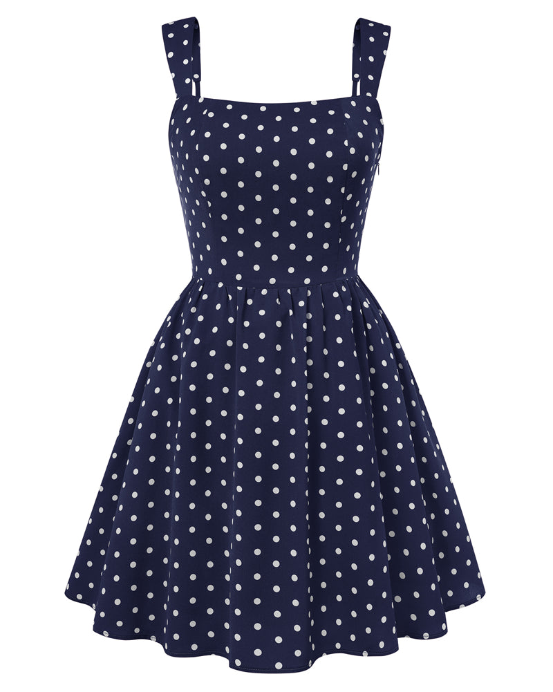 belle poque Women 1950s Vintage Polka-Dots Dress Semi-Formal Mini Dresses Dark Blue