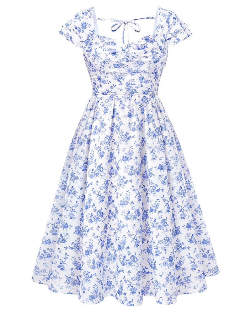 belle poque 1950s Women's Sweatheart Floral Dress Ruched Midi Garden Party Dress Blue