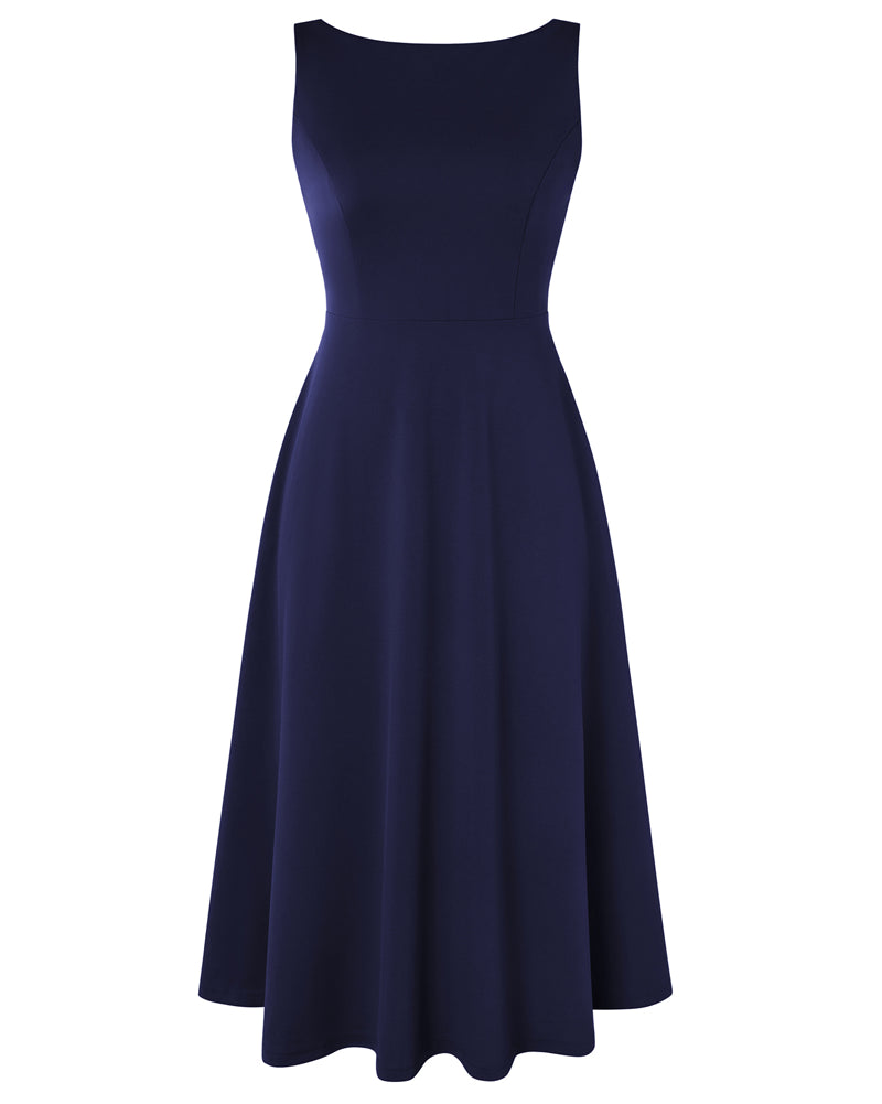 belle poque 1980s Vintage Women's Cocktail Dress Elegant A Line Midi Dresses with Pockets Dark Blue
