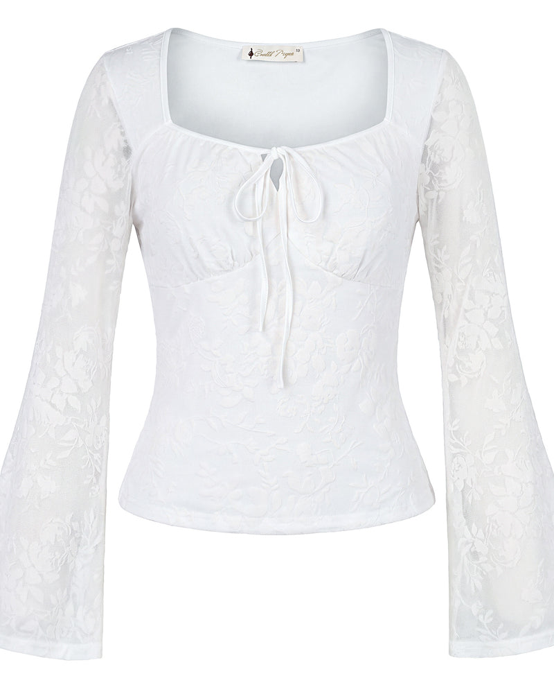 belle poque Women Vintage Date Tops Long Sleeve Mesh Lace Tops White
