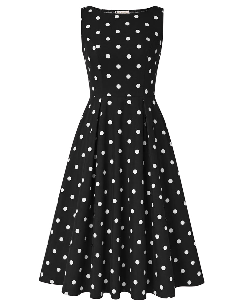 belle poque 1950s Vintage Polka Dot Dress for Women Boat Neck Midi A Line Cocktail Party Dresses Black