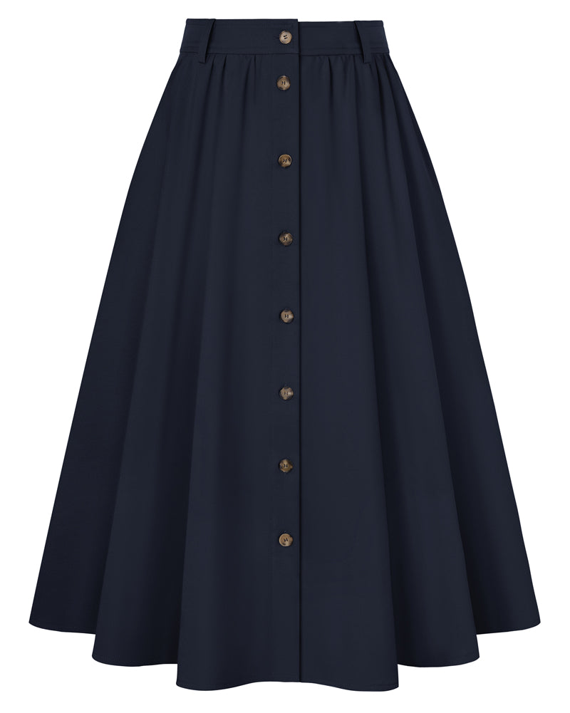 belle poque 1950s Women's Midi Skirt with Pockets Vintage Buttoned Front A-Line Skirt Navy