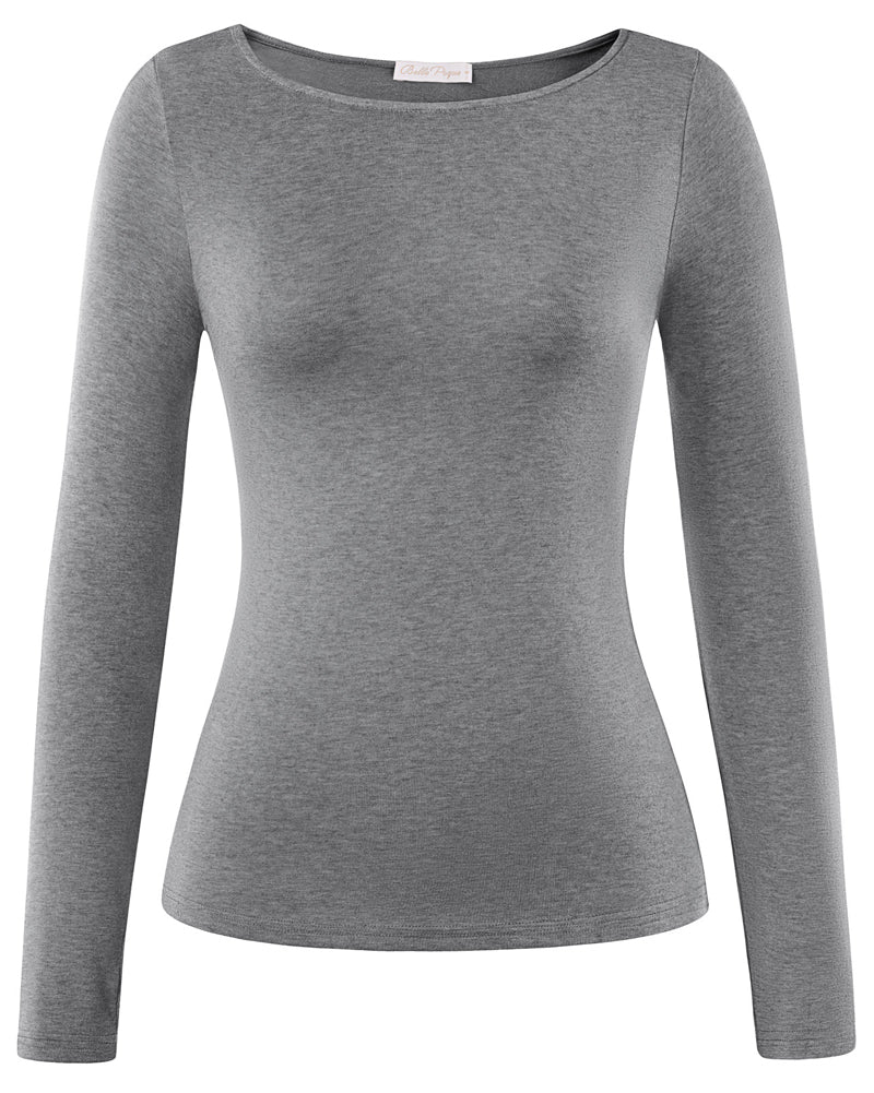belle poque Women's Wool Long Sleeve Boat Neck Tops Fitted Basic Tees Wool Base Layer Women Gray