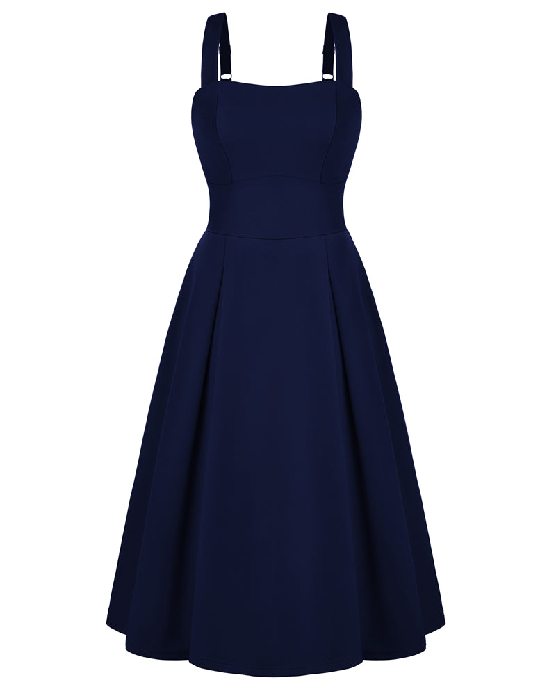 belle poque Women's Midi Dress Semi Formal Elegant Dress for Cocktail Party with Pockets Dark Blue