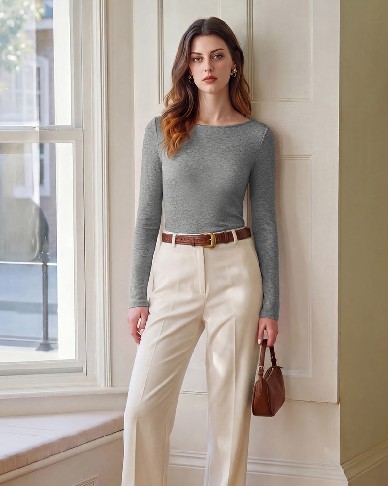 belle poque Women's Wool Long Sleeve Boat Neck Tops Fitted Basic Tees Wool Base Layer Women