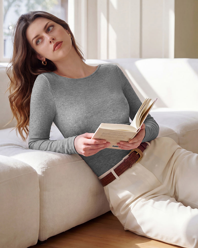 belle poque Women's Wool Long Sleeve Boat Neck Tops Fitted Basic Tees Wool Base Layer Women
