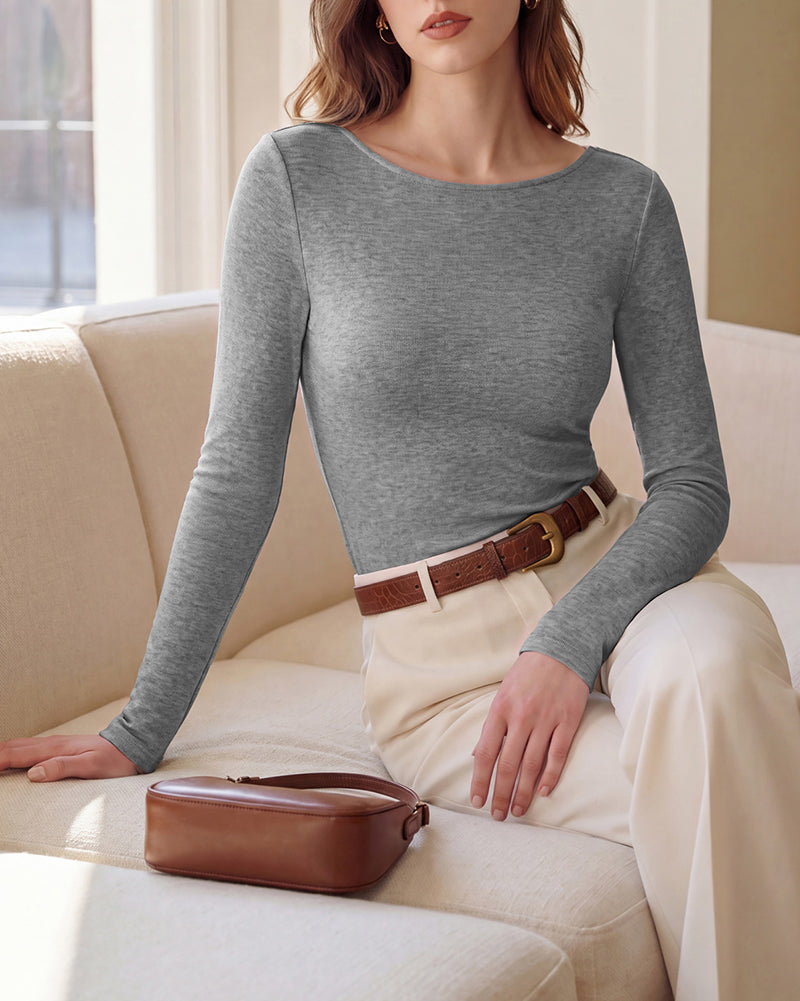belle poque Women's Wool Long Sleeve Boat Neck Tops Fitted Basic Tees Wool Base Layer Women