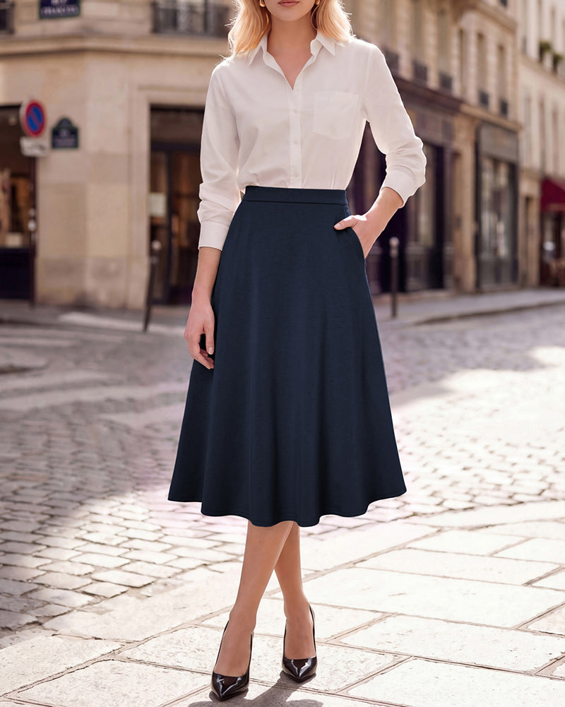 belle poque 1980s Vintage A-Line Midi Skirt Work Business Skirts with Pockets