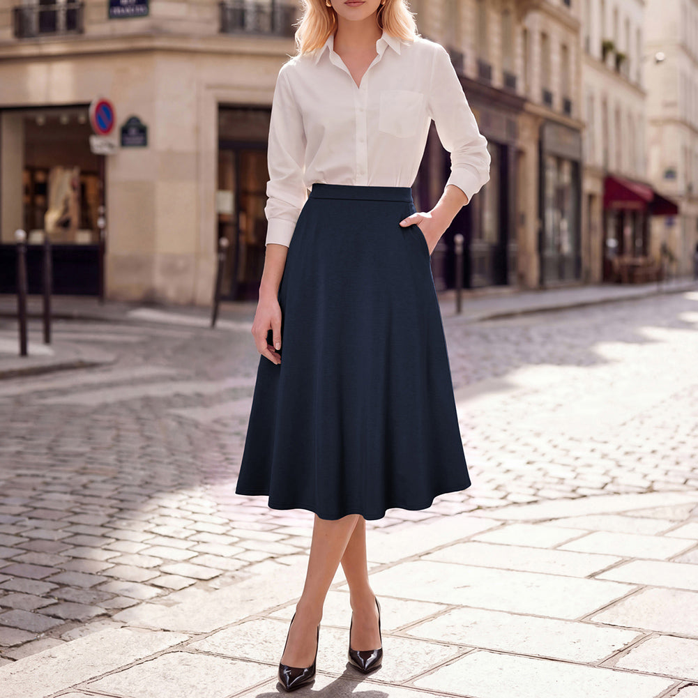belle poque 1980s Vintage A-Line Midi Skirt Work Business Skirts with Pockets
