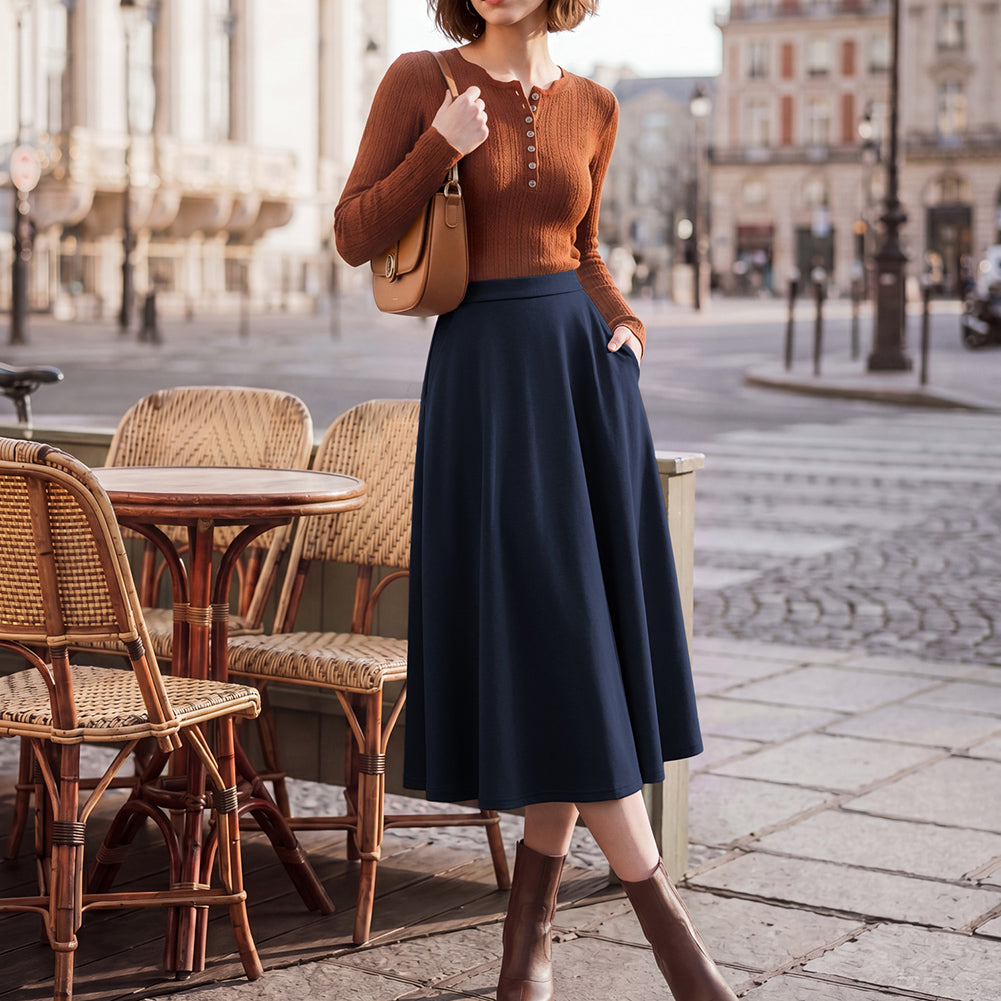belle poque 1980s Vintage A-Line Midi Skirt Work Business Skirts with Pockets