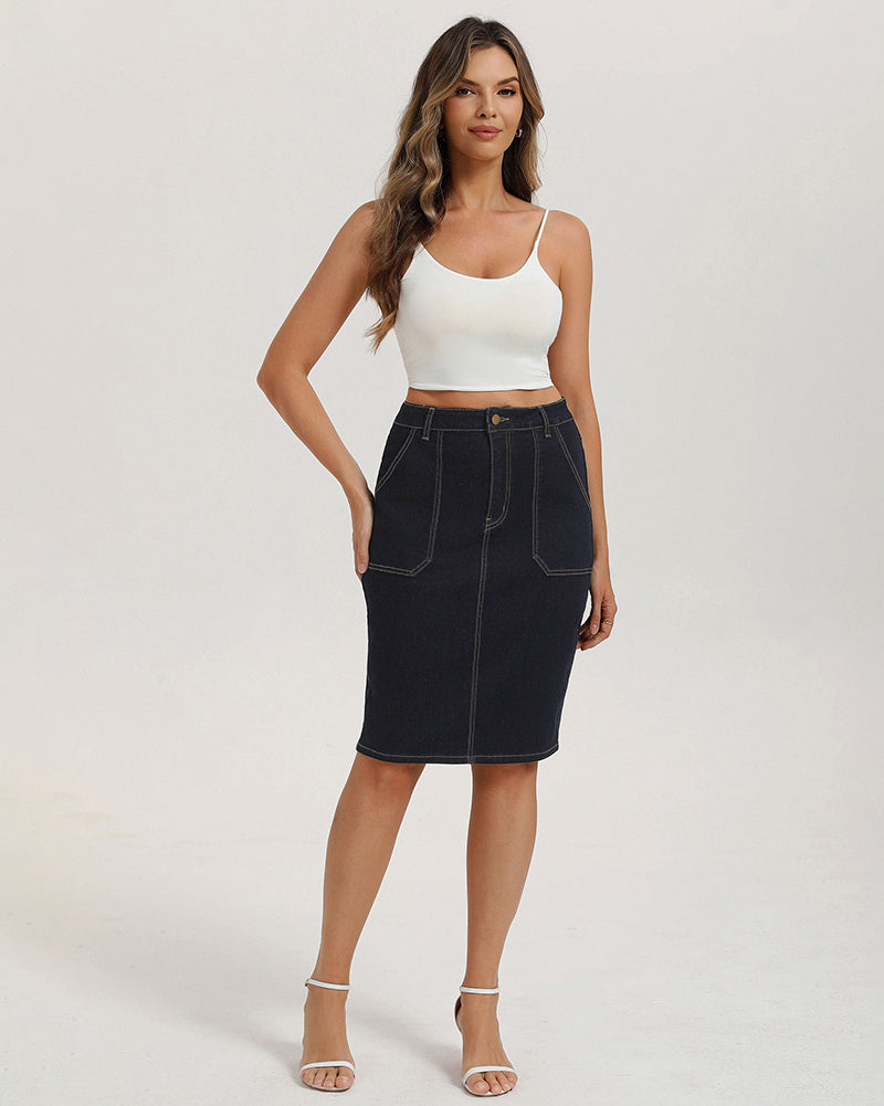 belle poque 1980s Vintage Women's Denim Skirt Knee Length Jean Skirt with Pockets