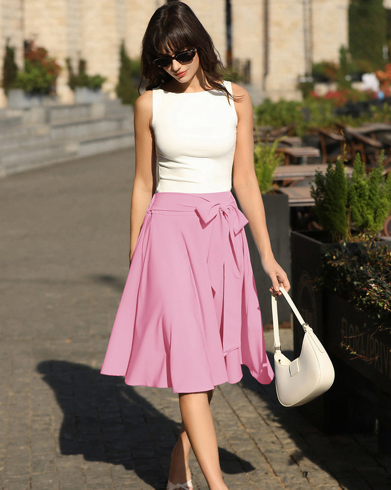 belle poque Women's High Waist A-Line Pockets Skirt Skater Flared Midi Skirt