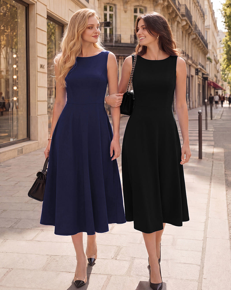 belle poque 1980s Vintage Women's Cocktail Dress Elegant A Line Midi Dresses with Pockets
