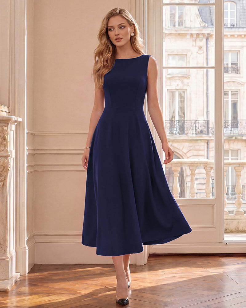 belle poque 1980s Vintage Women's Cocktail Dress Elegant A Line Midi Dresses with Pockets