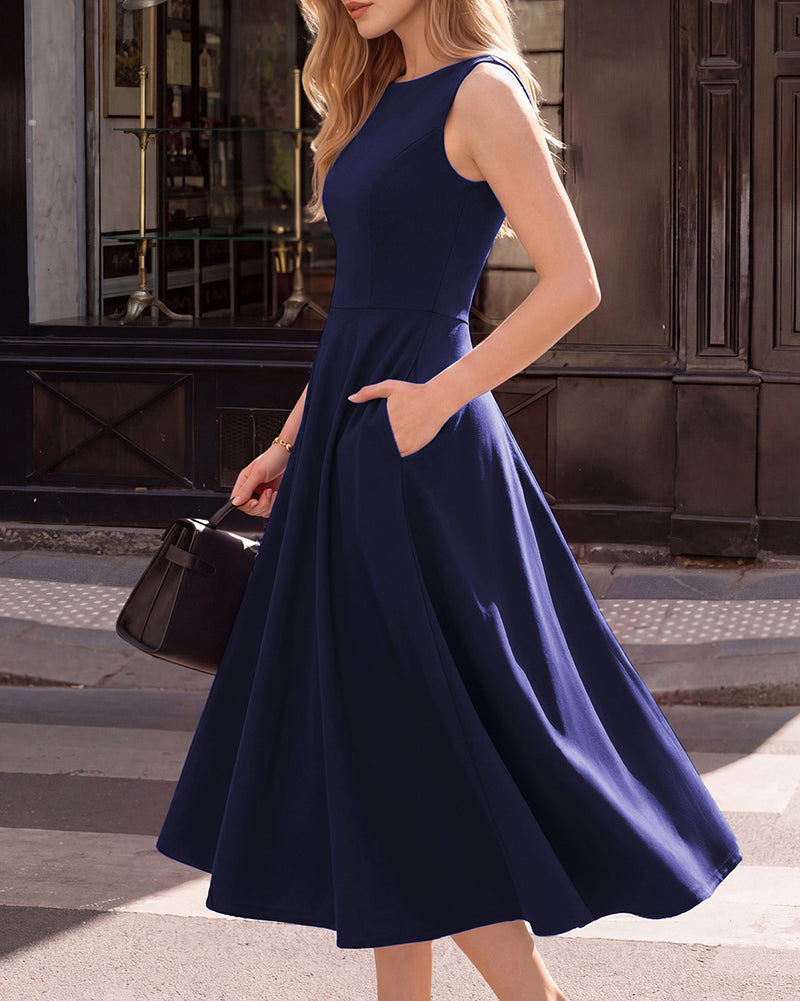 belle poque 1980s Vintage Women's Cocktail Dress Elegant A Line Midi Dresses with Pockets