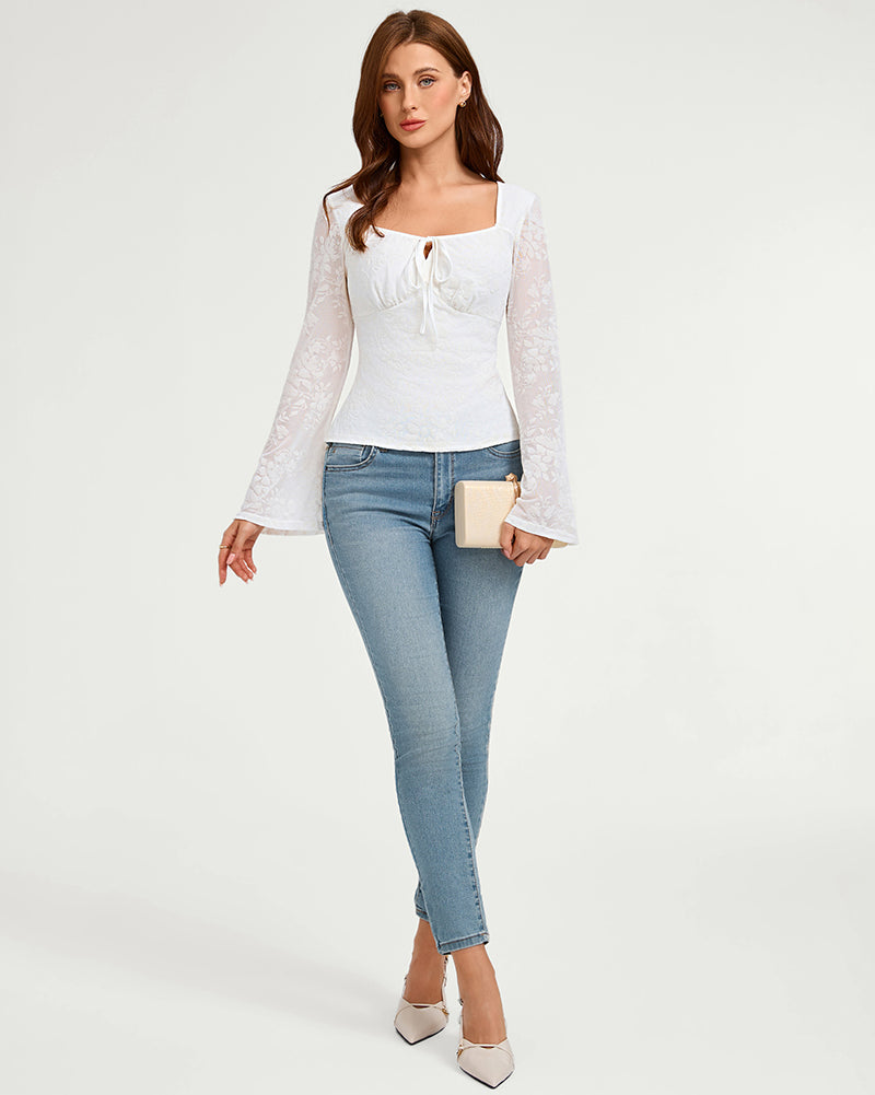 belle poque Women Vintage Date Tops Long Sleeve Mesh Lace Tops
